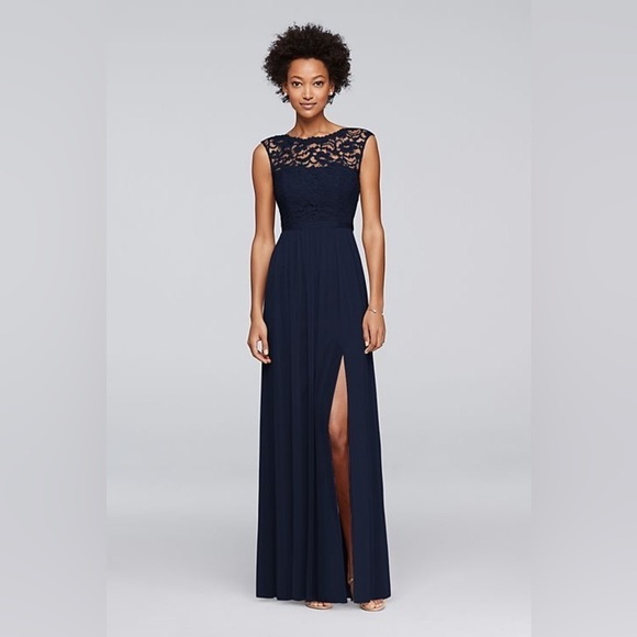 David’s Bridal Lace Bridesmaid Maxi Dress With Long Mesh Skirt in Marine 8 - Picture 1 of 13